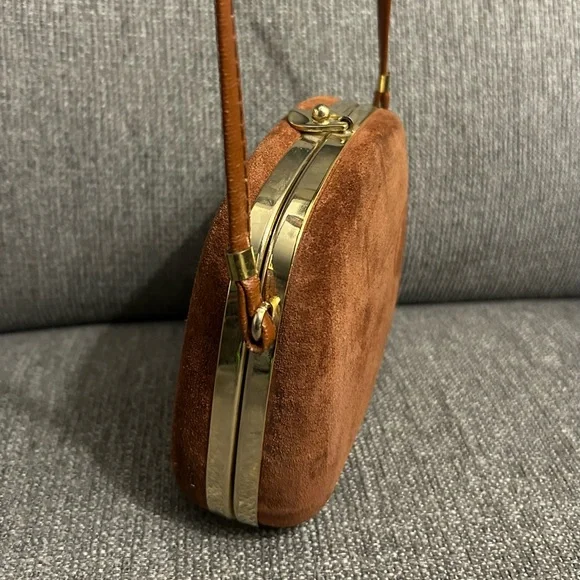 Brown Suede Crossbody Bag with clasp closure & gold hardware - Picture 4 of 11